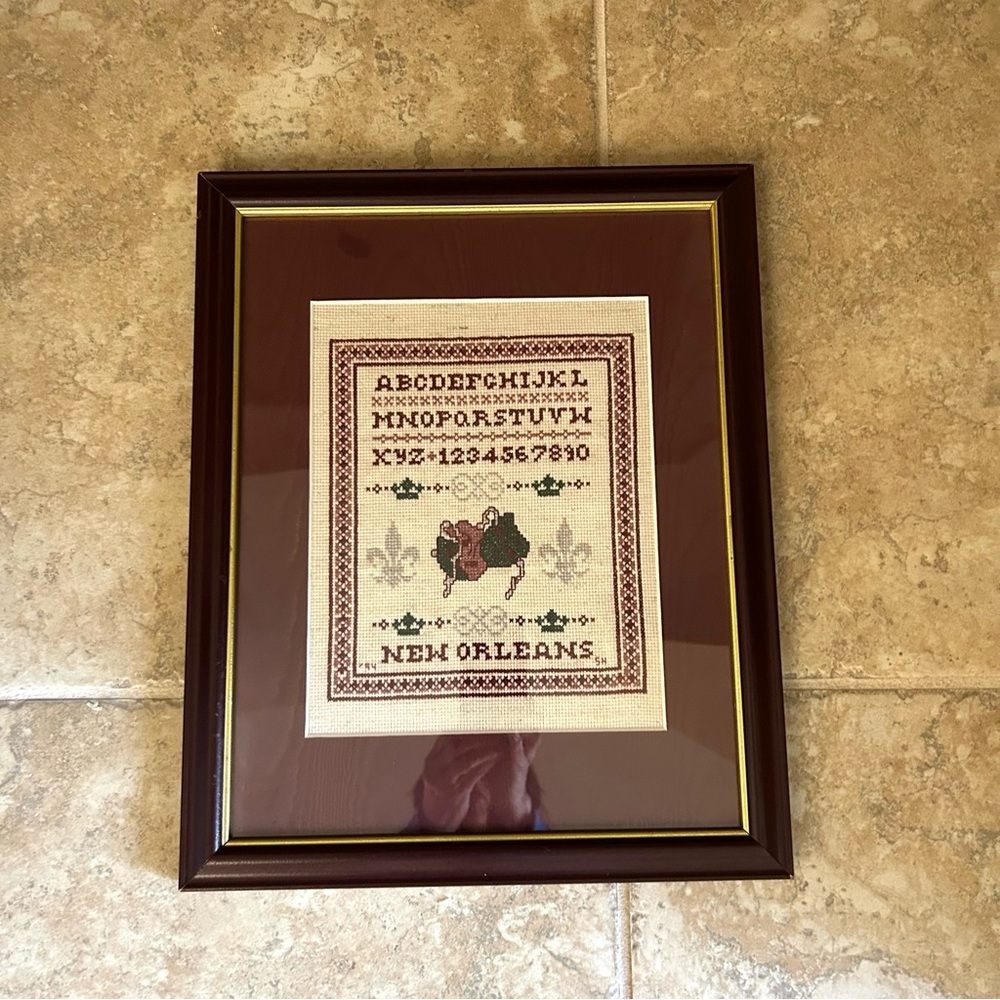 Vtg Needlepoint Cross Stitch Framed New Orleans Alphabet Numbers Framed Matted